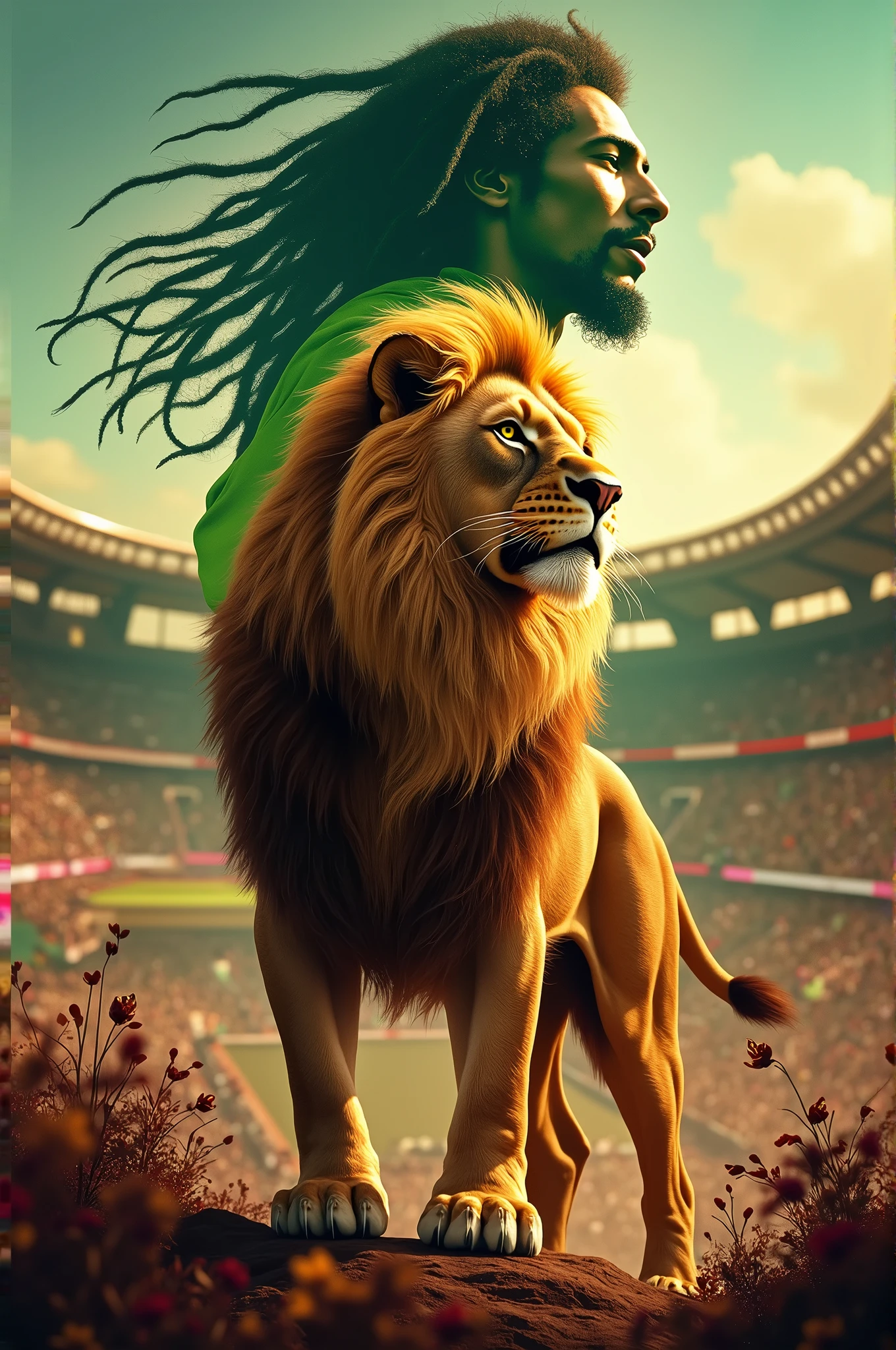 make an image with a stadium and a boby marley in the background and a lion