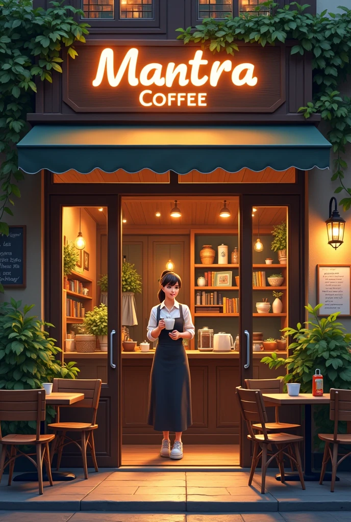 Entrance to a cafe with wooden tables outside, with a sign that says mantra coffee, illuminated, with plants, books, paintings. At the entrance a female Barista with a cup of coffee in her hand and a smile on her face. He addresses the audience with enthusiasm.