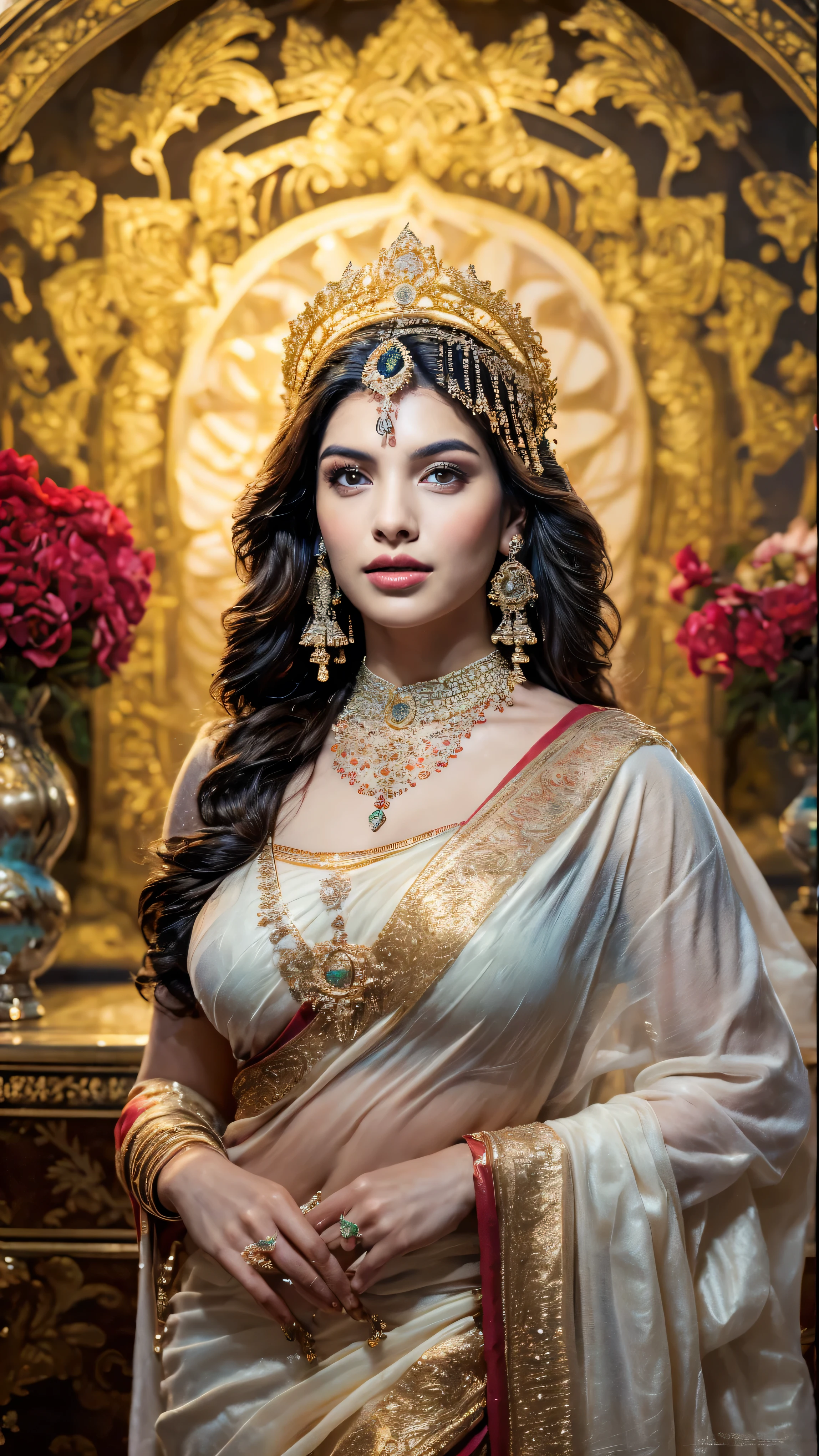 ((Best quality, 8k, Masterpiece :1.3)), Sharp focus :1.2, Generate a realistic image of a beautiful sexy Indian woman plus size body: 8.5 dressed in a white Kasava saree, adorned with traditional ornaments, standing in a well-lit room with cinematic lighting. ((Front view, random elegant pose)), and there is a sense of grace and elegance in her posture. The background should complement the scene, enhancing the overall aesthetic appeal of the image. Photography by Brandon Woelfel, Full shot: Canon EF 16-35mm f/2.8L III USM lens on a Canon EOS 9D Mark IV camera, ultra realistic, k, HD