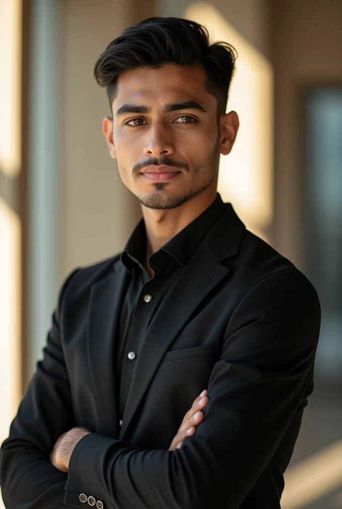 21 year old indian boy With fair skin without beard with dimple dark hair with light brown sharp jaw line and narrow body Posing for a linkedin picture in formals in black blazer earring in ear without beard hand folded small sunlight glow