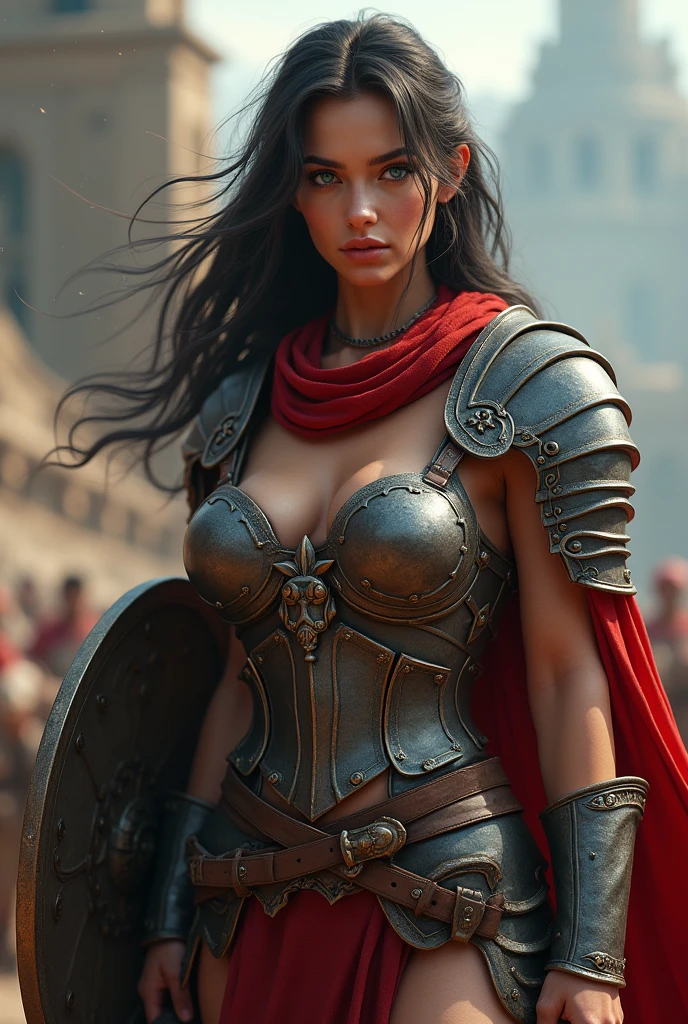 ((masterpiece, Highest quality, Best image quality, the most important work, High resolution, Realistic, RAW Photos, 8k)), ((Highly detailed CG synthesis 8k wallpaper)), (Huge and stunning goddess shot, Very hot and sexy, Incredible beauty, Perfect Proportions, Beautiful body, Slim body beauty:1.4), Arafed woman in armor holding sword and shield, Portrait of a savage woman画, north Female Warrior, Very beautiful berserker woman, north adult Female Warrior, Female Barbarian, Female Warrior, Portrait of a savage woman, Savage Female Warrior, very beautiful Female Barbarian, Barbarian Class, Portrait of a Female Warrior, RPG portrait concept art, (Beautiful warrior, Carrying a dagger and a small shield, Wearing a red scarf, Leather Armor), (bionde, Blue eyes, Dark Skin, gigantic breasts), (amphitheater, Fighting while being watched by the crowd, Motion Blur), Movie Posters, big "unlimited" It&#39;s written at the bottom of the screen,