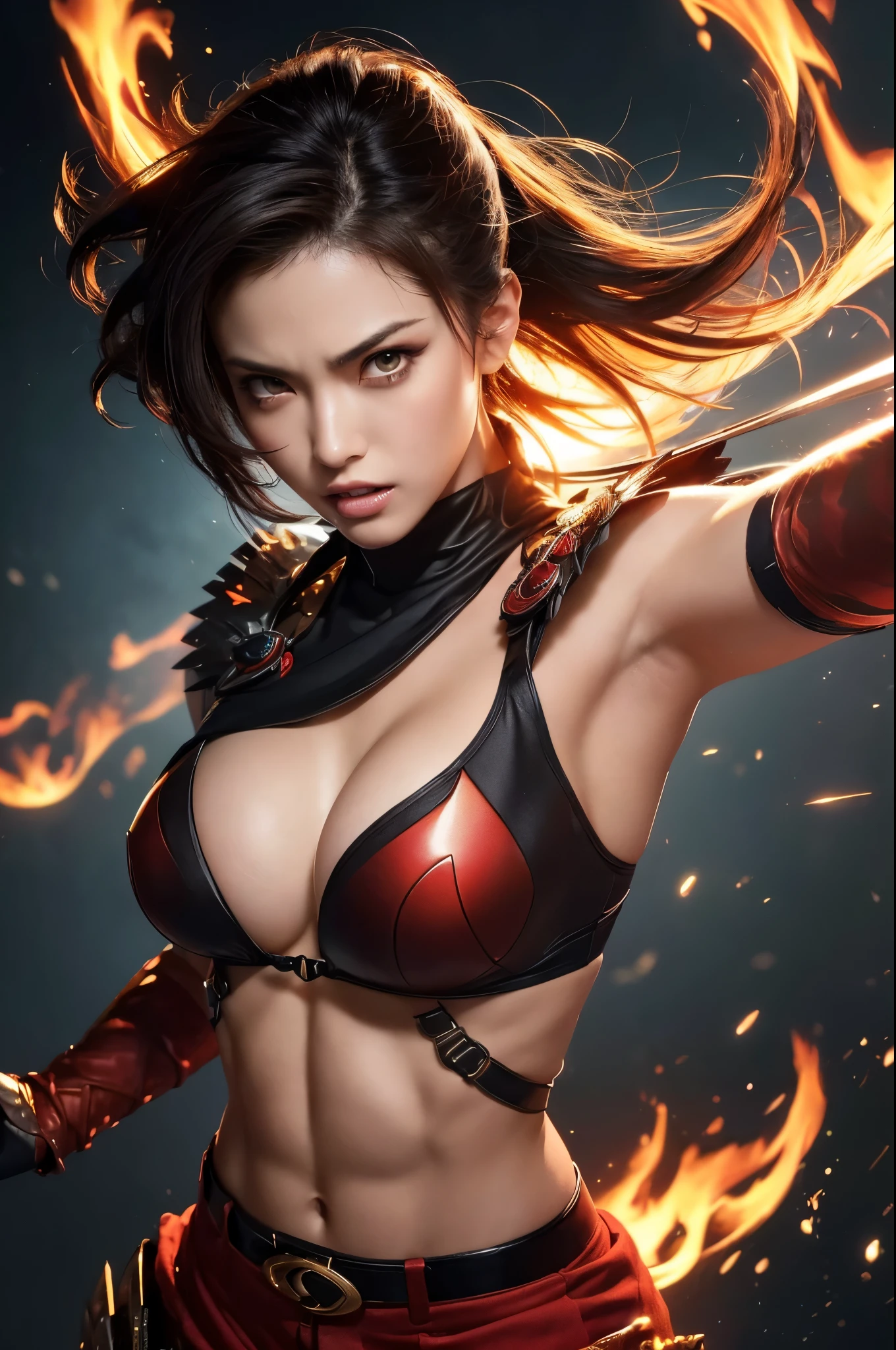 8k,Black light、Real Art、Slim and muscular macho manな女性、Super Beauty(Like the real thing)、Super powerful muscles,iris、超High resolution、One Mature Woman、Light brown mohawk、Mature demon slayer: Kimetsu no Yaiba: Kimetsu no Yaiba、anger,Sharp eyes,非常にVery large breasts、Glowing iris、Slim and muscular macho man、Toned, muscular lower body、Gorgeous red large chest chest armor、Premium black and red pants、Gorgeous red shoulder pads,Detailed light、Dynamic Angle、Written boundary depth、(((((())))、Showing teeth、(Super A)High resolution、Best image quality)、(8k、RAW Photos、Best image quality、masterpiece)、Technology feeling、Best image quality、masterpiece、Consciousness upward、CG、Sense of unity、wallpaper、Official Art,Very delicate and beautiful、Attention to detail、Attention to detail、Clear focus、Rich background、(Real People、image)、((High resolutionの肌))、A large flame burning red from the body(Tone flame effect)(Lots of big flames)Fantasy art、Shoulder muscles abs、Arm Muscles,Ultra-Realistic Skin、Combat pose,Look at the viewers,Big energy,Japanese,Dynamic action poses,Very large breasts,Super strong abs,