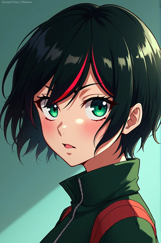 Create a female character with the drawing type of the anime Boku no Hero Academia and whose characteristics are to have short black hair with red streaks, be pale and with a few dark circles, His eyes are emerald green and bright and he has a scar on his right eye from his eyebrow to the area under his eyes., have freckles and your lips are a nice pinkish color.