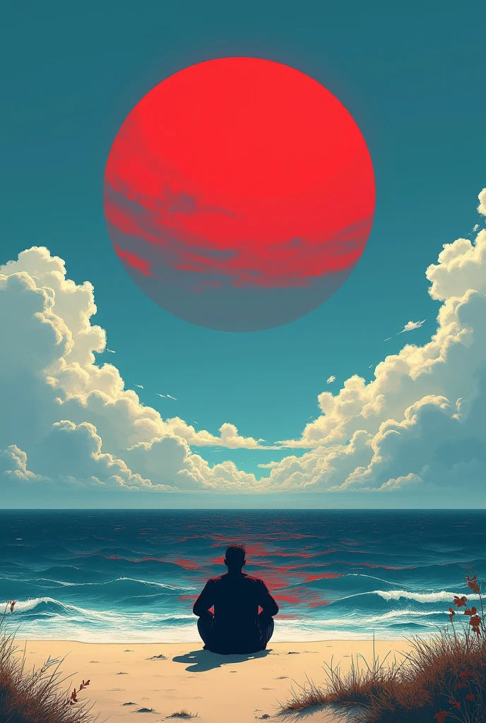 Sea beach,red sun, blue sky, black water,a man sitting on sea beach.