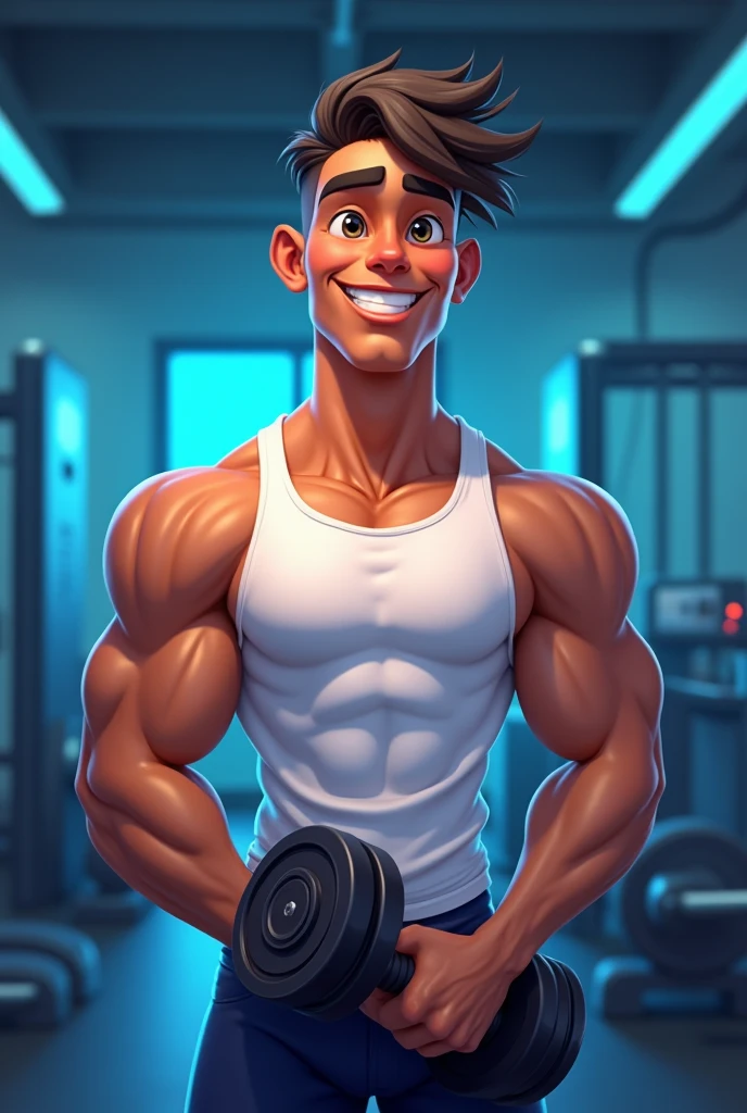 logo coach Lucio Pixar-style cartoon logo promoting logo Coach Lucio an 18-year-old bald brown skin color man smooth brown skin, and a bright, confident smile, wearing a crisp white tank top, holding dumbbells, gym background with subtle neon blue accents, evoking a sense of energy, strength, and motivation, arms and toned physique
