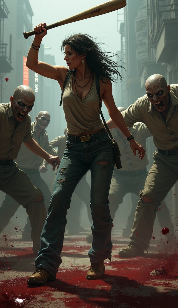 The cover image shows a woman fiercely fighting a horde of zombies with a baseball bat, in blood and gore. She is wearing tattered clothes. The scene is dark and atmospheric, with a realistic and gritty style.