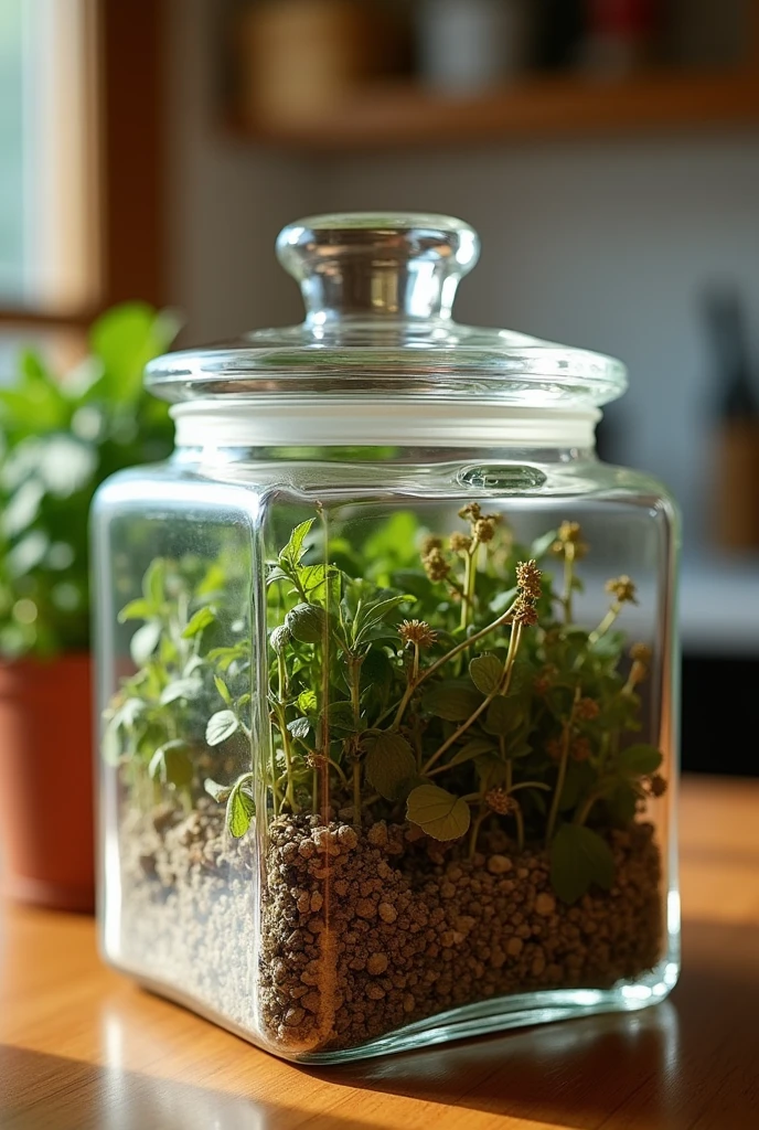 A clear box containing various dried herbs and a lid.