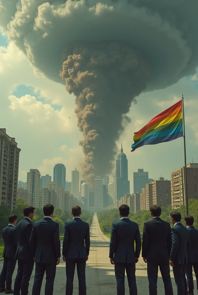 Create an image of Brasília-DF being sucked in while politicians laugh and look from afar with the LGBT flag