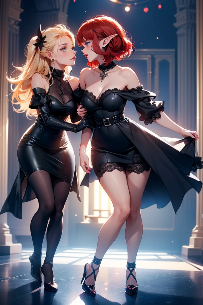 2girls, (one is a female elf, short red hair, blue eyes, curvy body, full pouty lips, off the shoulder black mini dress, black high heels) (other one is a female elf, short blonde hair, blue eyes, slim body, full pouty lips, black lace mini dress, black heels) Dancing super close at a dance night club, facing each other, kissing passionately, lips pressed together