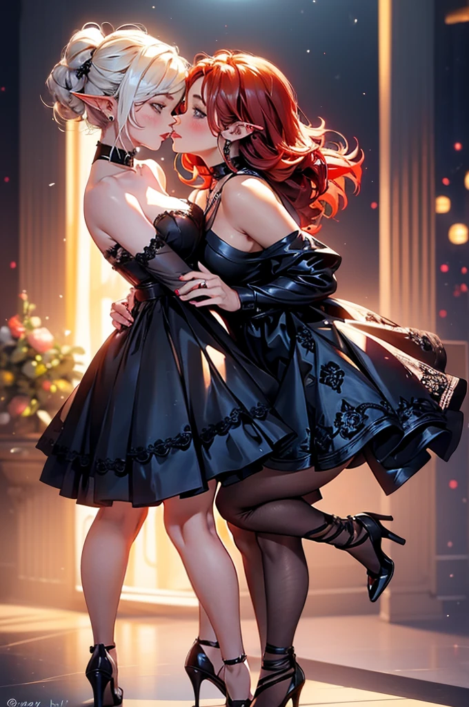 2girls, (one is a female elf, short red hair, blue eyes, curvy body, full pouty lips, off the shoulder black mini dress, black high heels) (other one is a female elf, short blonde hair, blue eyes, slim body, full pouty lips, black lace mini dress, black heels) Dancing super close at a dance night club, facing each other, kissing passionately, lips pressed together