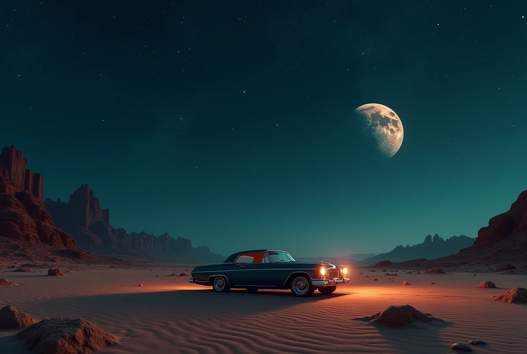 The Car Is Parked In The Middle Of The Desert, And The Night Sky Is Filled With Stars, And There Is Jupiter