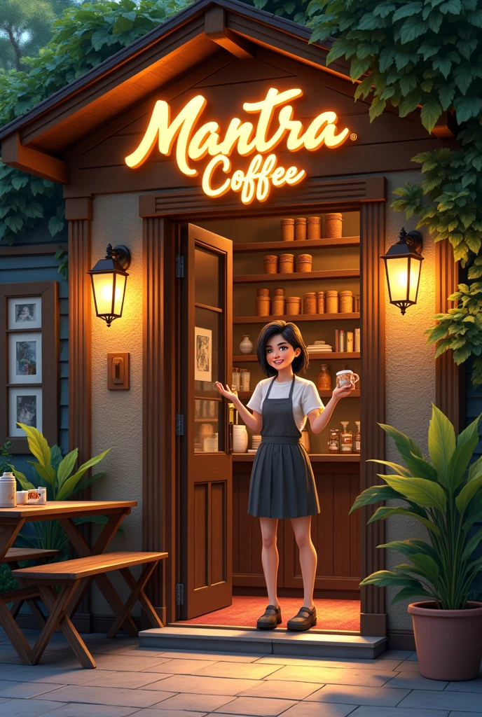 Entrance to a cafe with wooden tables outside, with a sign that says mantra coffee, illuminated, with plants, books, paintings. At the entrance a female Barista with a cup of coffee in her hand and a smile on her face. He addresses the audience with enthusiasm.
