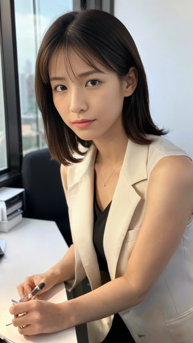 (top-quality, 16K, masterpiece:1.3), (ultra detailed), (masterpiece), (best quality), Highest quality, Realistic, surreal, Highest quality, Extremely detailed CG, Very delicate, 16K wallpaper, High resolution, A female manager working for a top company, 3, (Very small, light-colored moles on face only:1.2), ((UNTITLED business suits:1.2)), ((A very simple necklace)), Japanese office with large windows, ((Working at a desk)), Japanese, slender body, very detailed, detailed fingers, detailed hands, detailed eyes, detailed legs, accurate and perfect human anatomy, real human skin, BREAK ((upper body:1.5)), ((look into the viewer's eyes:1.5)), ((looking at viewer:1.5)), ((Front view:1.5)), ((from front:1.5)),