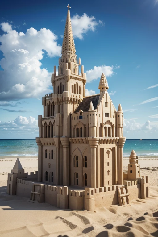 Boy on the beach builiding a sandcastle, Surrealism, highres, 8k