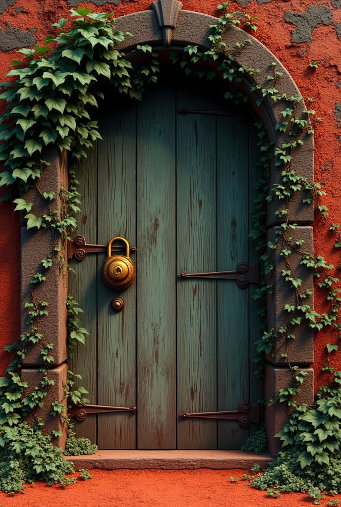 create an image of a door in the red soil covered with vines, with a golden lock in the middle 