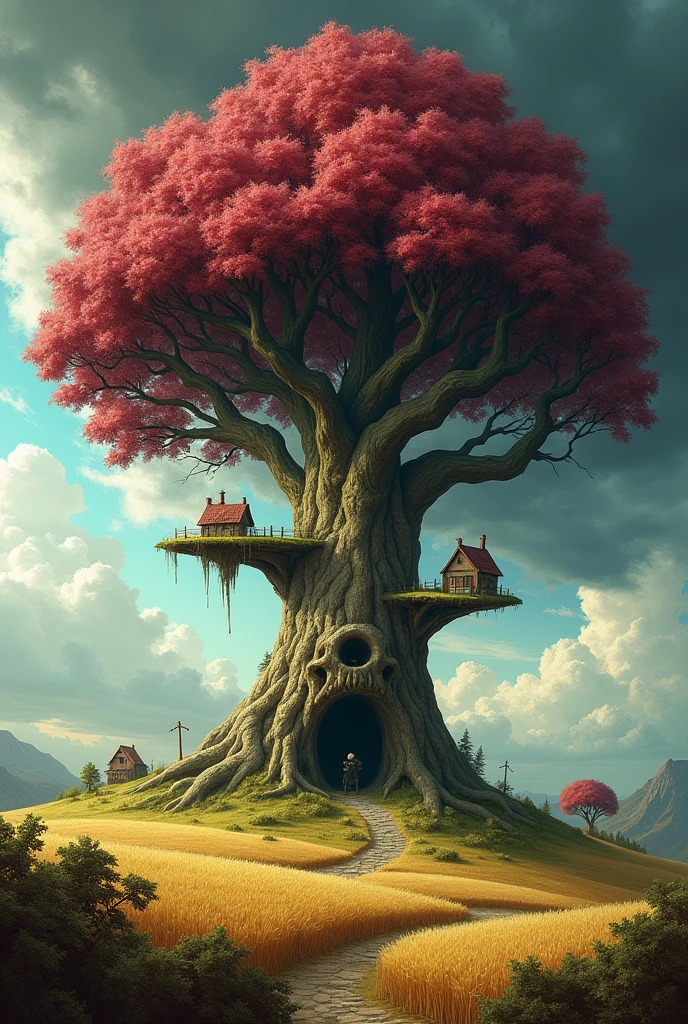an landscape with a giant tree in center, surrounded by grains and hills. Its branches sustain platforms with houses with leaf ceilings. Os its base there is a hole in the shape of a skull that leads to its inside. Its leafs are wine coloured and the sky is moody, announcing a storm.