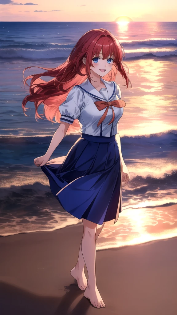 kotorishirakawa, ((masterpiece, best quality, highres, distinct_image)), extremely beautiful and delicate, extremely detailed, intricate detail, 1girl, 独奏, short stack, huge breasts, red hair, long hair, straight hair, Blue eyes, BREAK skirt, school uniform, short sleeves, puffy sleeves, puffy short sleeves, Cute Smile Open your mouth, Are standing, (She walked along the beach in the sunset, her bare feet touching the water, the closest she came to seeing that smile:1.1), barefoot, Two Arms, (cinematic angle:1.1),