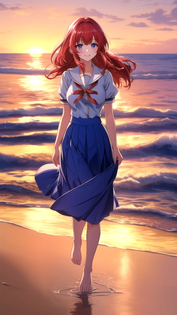 kotorishirakawa, ((masterpiece, best quality, highres, distinct_image)), extremely beautiful and delicate, extremely detailed, intricate detail, 1girl, 独奏, short stack, huge breasts, red hair, long hair, straight hair, Blue eyes, BREAK skirt, school uniform, short sleeves, puffy sleeves, puffy short sleeves, Cute Smile Open your mouth, Are standing, (She walked along the beach in the sunset, her bare feet touching the water, the closest she came to seeing that smile:1.1), barefoot, Two Arms, (cinematic angle:1.1),