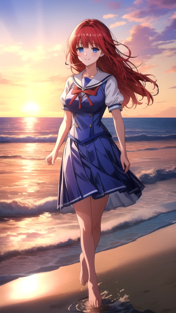 kotorishirakawa, ((masterpiece, best quality, highres, distinct_image)), extremely beautiful and delicate, extremely detailed, intricate detail, 1girl, 独奏, short stack, huge breasts, red hair, long hair, straight hair, Blue eyes, BREAK skirt, school uniform, short sleeves, puffy sleeves, puffy short sleeves, Cute Smile Open your mouth, Are standing, (She walked along the beach in the sunset, her bare feet touching the water, the closest she came to seeing that smile:1.1), barefoot, Two Arms, (cinematic angle:1.1),