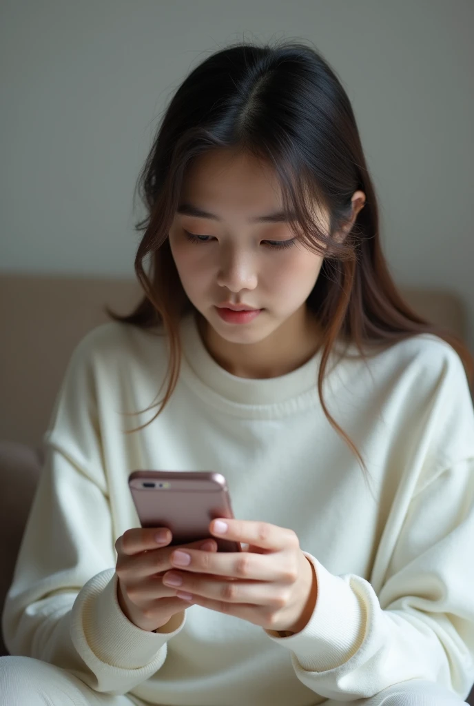 girl with cell phone in her hands wearing a white sweatshirt