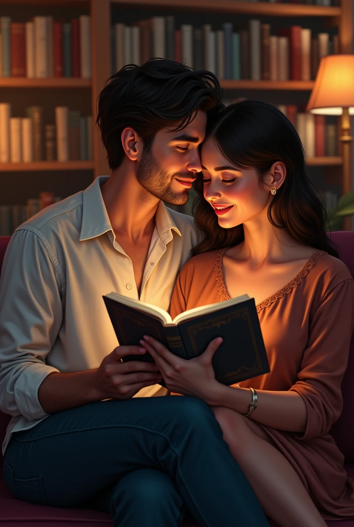 A couple together, each one holding their own book and showing the cover. Reading together. He kisses her neck. She is smiling.