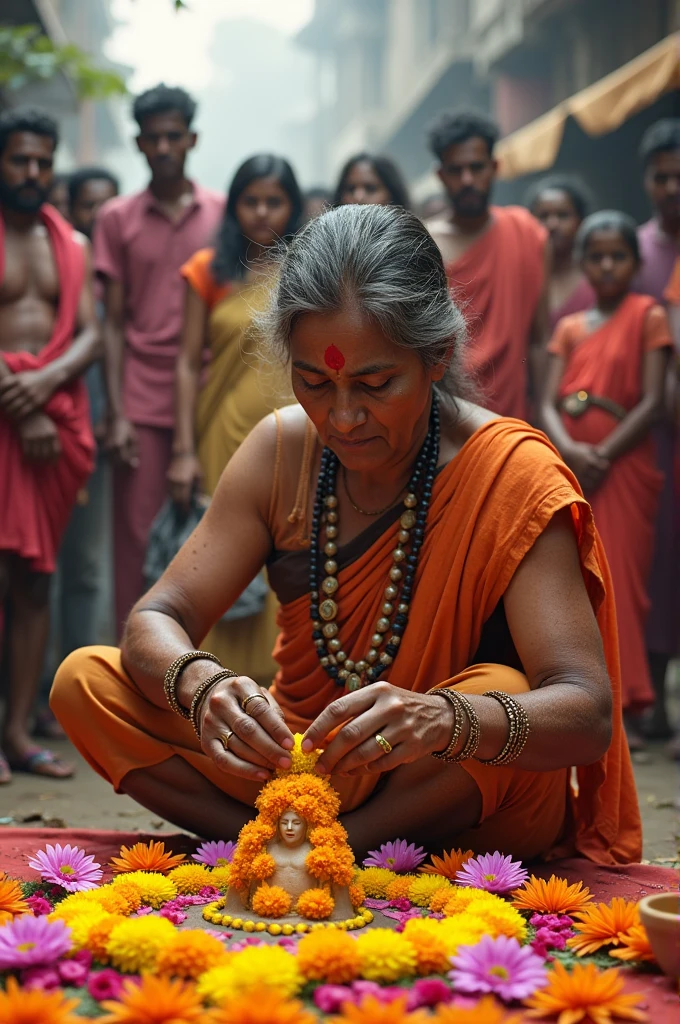 Poor Indian woman making a lord Shiva out of the flower people are watching 