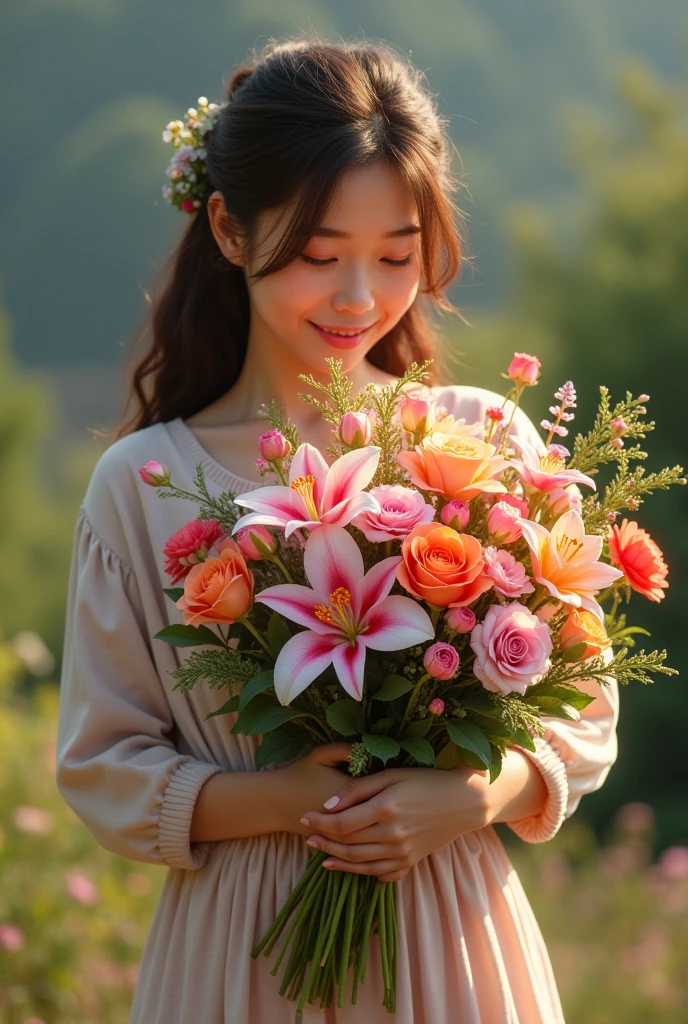 What a 30cm bouquet of flowers looks like in the arms of an average woman