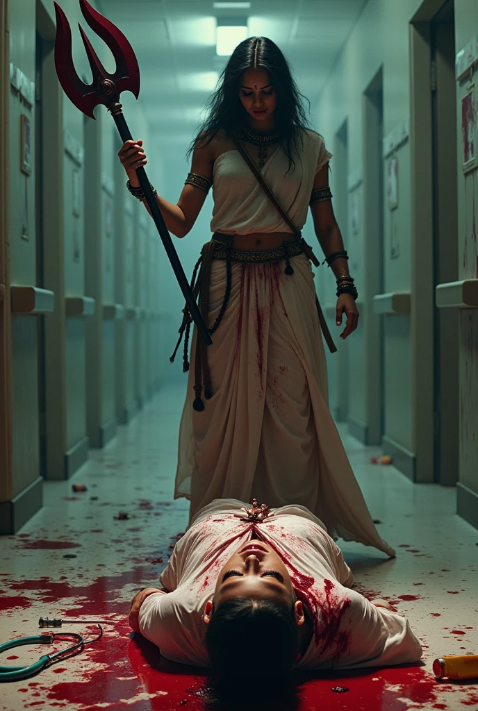 Indian female powerful god crying in front of a ded body of a raped lady doctor, female god's in one hand holding a big trishul, lady doctors have tears converted to blood, The lady doctor's clothes are torn all over, The lady doctor has blood all over her body, background hospital floor, stethoscope and medicine everywhere, Blood everywhere.
