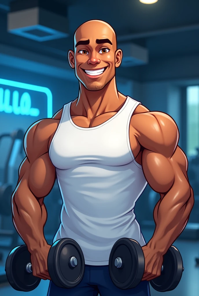 logo coach Lucio Pixar-style cartoon logo promoting logo Coach Lucio an 18-year-old bald brown skin color man smooth brown skin, and a bright, confident smile, wearing a crisp white tank top, holding dumbbells, gym background with subtle neon blue accents, evoking a sense of energy, strength, and motivation, arms and toned physique