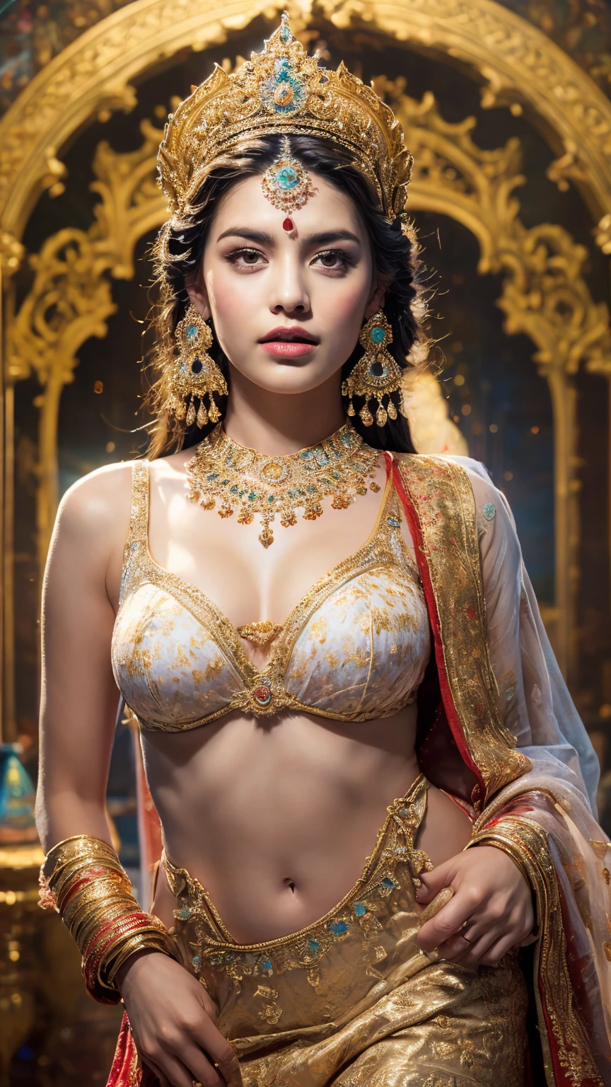 ((Best quality, 8k, Masterpiece :1.3)), Sharp focus :1.2, Generate a realistic image of a beautiful sexy Indian woman (masterpiece like a princess) dressed in a white skirt and print bra, adorned with traditional ornaments, standing in a well-lit room with cinematic lighting. ((Front view, random elegant pose)), and there is a sense of grace and elegance in her posture. The background should complement the scene, enhancing the overall aesthetic appeal of the image. Photography by Brandon Woelfel, Full shot: Canon EF 16-35mm f/2.8L III USM lens on a Canon EOS 5D Mark IV camera, ultra realistic, 32k, HD