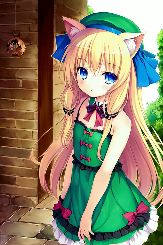 Chibi. ???. Girl. Long blond hair. Cat ears. Blue eyes. Green dress. Happy