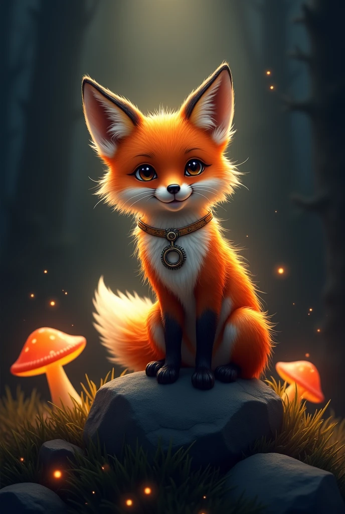 Cute fox,sitting on rock,black Background,spotlight,comic,Steampunk,cinema stil, bokeh,mushrooms,glowing outlines