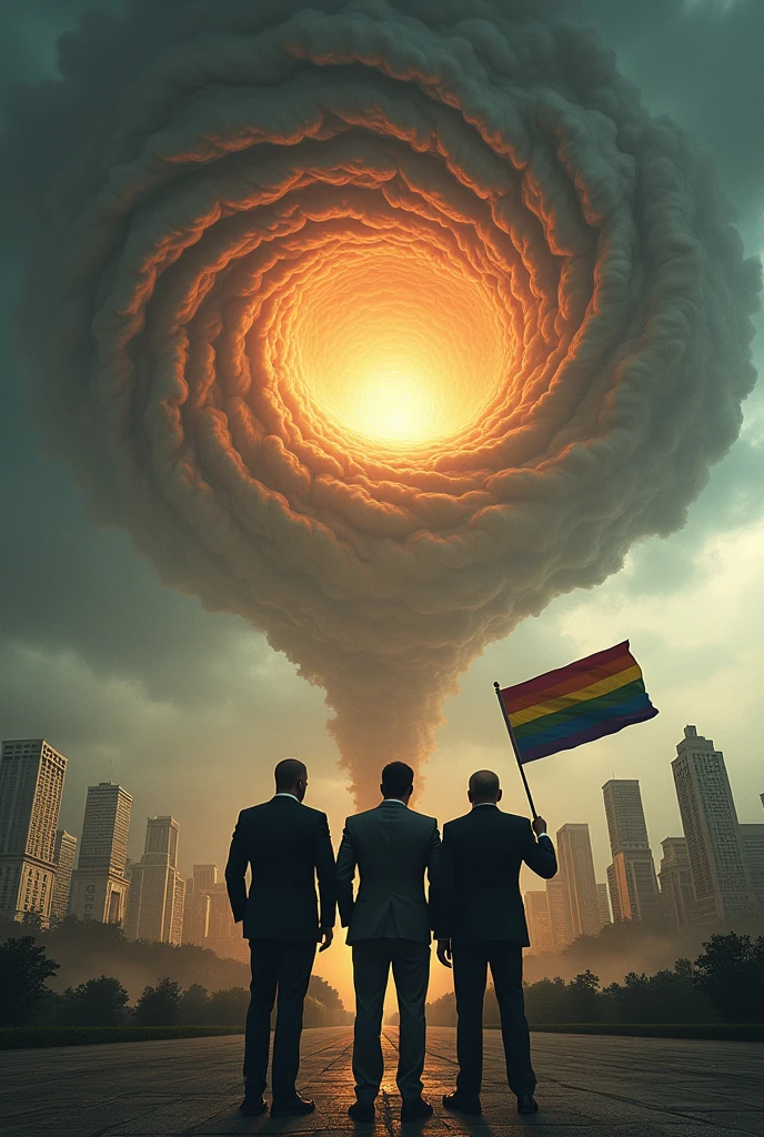 Create an image of Brasília-DF being sucked in while politicians laugh and look from afar holding the LGBT flag