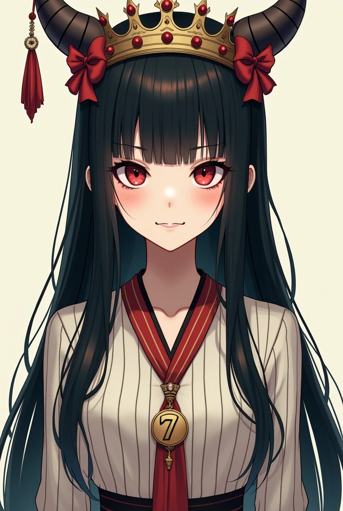 A pale skinned anime girl with a devilish smile from side to side, with his Chinese eyes, and his cheeks are marked, She has straight black hair that reaches her waist and has bangs., He has a big crown like a sultan's, and this crown has bows that cover her face, He has a long-sleeved striped shirt, and has a long necklace with the number 7