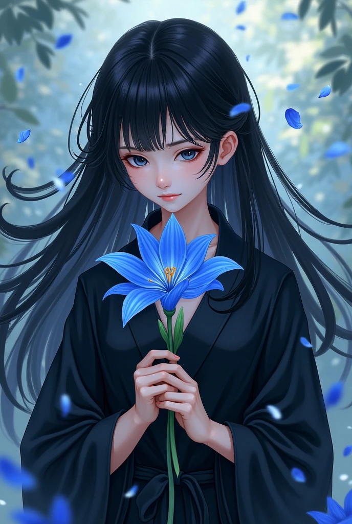 A girl, wearing a black robe. Jet black hair flowing, Both of his eyes are also jet black.. Holding a blue peacock lily, looking at the flowers with a gentle smile. Flowers fall around him. Be in a cool place, calm, and peace.