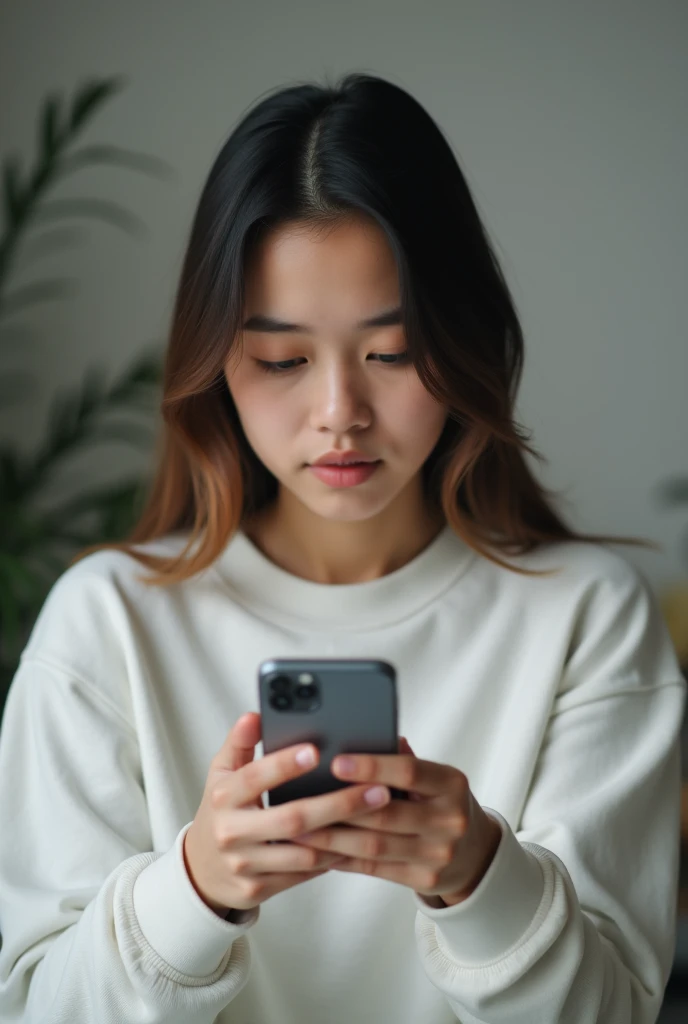 girl with cell phone in her hands wearing a white sweatshirt