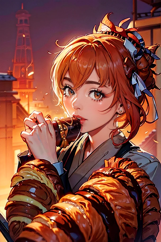 yoimiya, genshin impact, (((eating a chocolate croissant))), ((adorable expression)), Ufotable style, anime, bright Eyes, Red hair, kimono, simple background, pastel colors, high image quality, illustration, Digital art, masterpiece, (((Croissant in the foreground)))