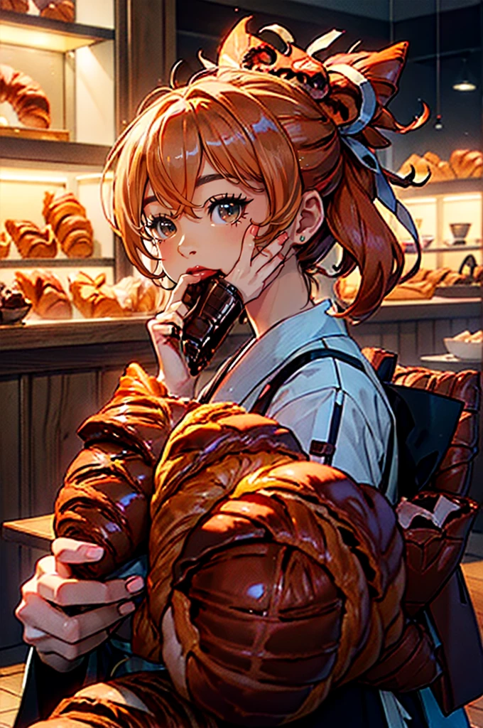 yoimiya, genshin impact, (((eating a chocolate croissant))), ((adorable expression)), Ufotable style, anime, bright Eyes, Red hair, kimono, simple background, pastel colors, high image quality, illustration, Digital art, masterpiece, (((Croissant in the foreground)))