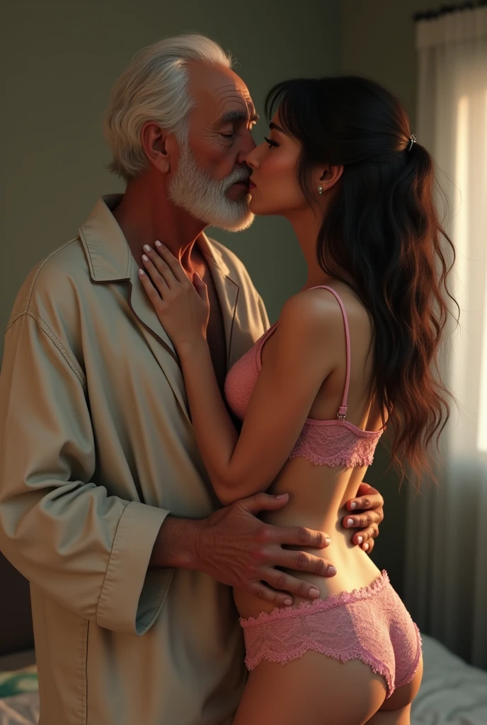 Old man and young girl, An 80-year-old man, 18-year-old girl, Young woman wearing pink lace bra without straps and panties, Old man in pajamas, An old man and a young woman in love kissing., Bedroom Background.