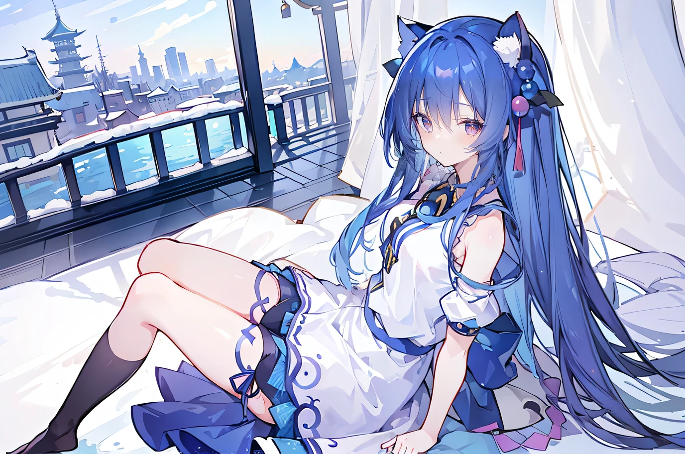 (masterpiece:1.2),Ultra-detailed,lifelike,The eyes are expressive,Fair skin,Perfect face shape,1 girl,
Japanese Manga,Gorgeous blue hair,Flowing blue hair,Flowing clothes,Cat's ears,Petals falling,Beautiful Lola,little angel,
Cross your legs,Gentle and peaceful background,The pavilion is cool and comfortable,Smile,Tokyo background,background,snow,winter,Back。