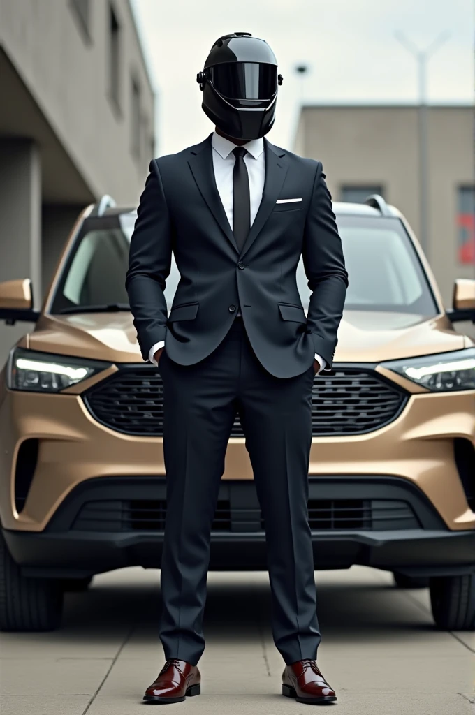 Create a black man with a welding helmet, with Italian shoes and formal clothes, outside his 2024 Ford Territory vehicle in cream brown 
