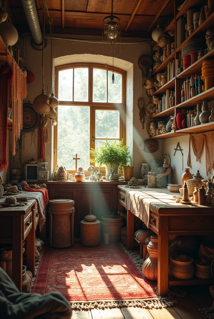 A cozy, somewhat cluttered studio filled with tapestries and weaving tools. The room is softly lit by warm, natural light coming through a window. There are shelves lined with threads, fabrics, and various dreamweaving artifacts. The atmosphere is peaceful but imbued with a sense of longing and creativity.