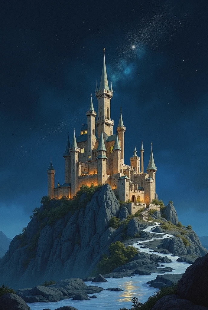a drawing of a triangular castle with stars