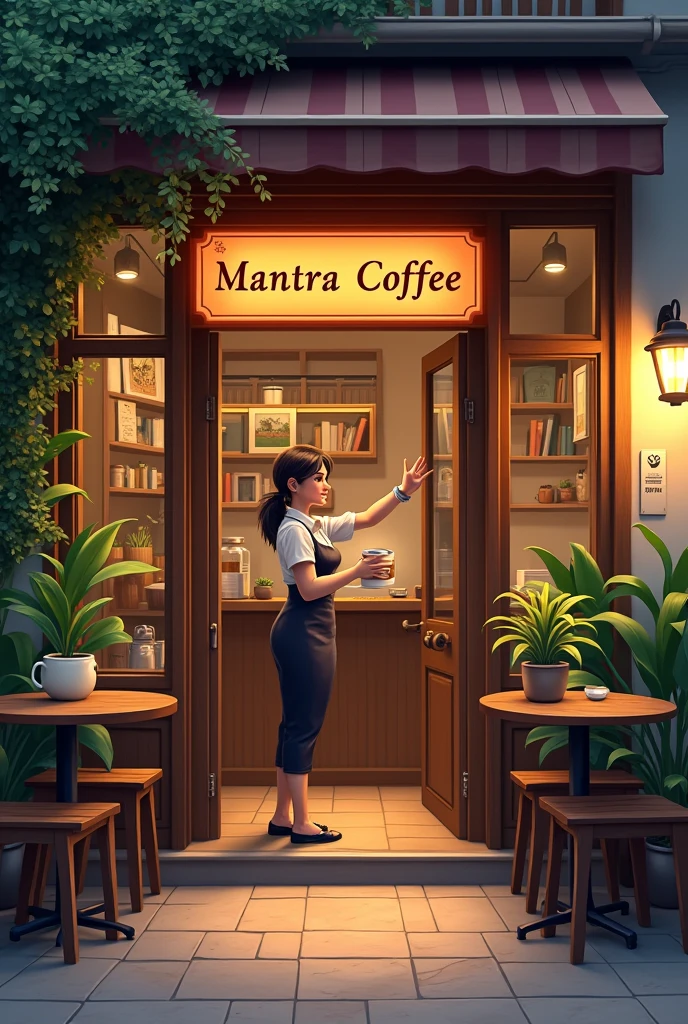 Entrance to a cafe with wooden tables outside, with a sign that says mantra coffee, illuminated, with plants, books, paintings. At the entrance a female Barista with a cup of coffee in her hand and a smile on her face. He addresses the audience with enthusiasm.