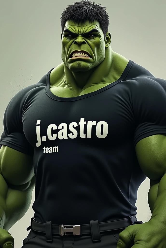 The Incredible Hulk wearing a black shirt with the words "J.Castro team"