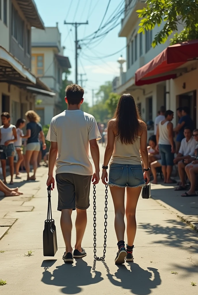 Create a realistic image depicting people living their daily lives in a seemingly normal setting, but with the symbolic twist of having weights chained to their legs. The scene should show individuals engaging in everyday activities—such as working, socializing, or relaxing—while visibly burdened by heavy chains and weights on their ankles. These chains should be depicted as restrictive but not entirely immobilizing, suggesting a paradox of freedom constrained by visible, physical limitations. The environment could be a typical urban or suburban area, highlighting the contrast between the ordinary nature of their lives and the symbolic weight they carry. Use clear, natural lighting to emphasize the juxtaposition of normalcy and constraint, capturing the essence of the sentence "condemned to be free."








































