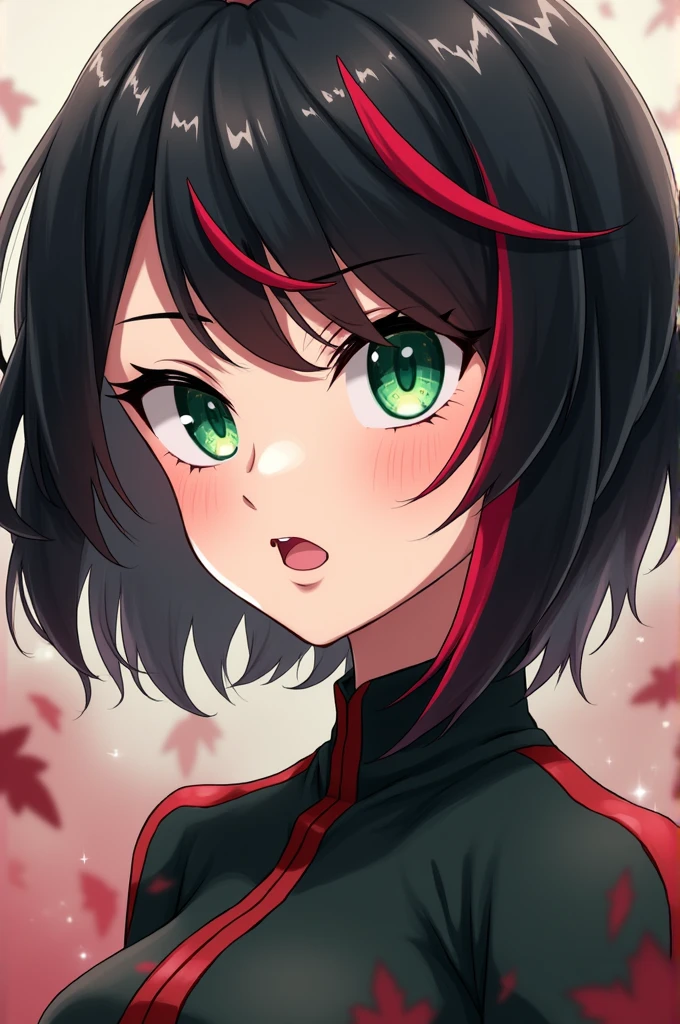 Create a female character from the anime Boku no Hero Academia and her characteristics are to have short black hair with red streaks, be pale and with a few dark circles, His eyes are emerald green and bright and he has a scar on his right eye from his eyebrow to the area under his eyes., have freckles and your lips are a nice pinkish color.