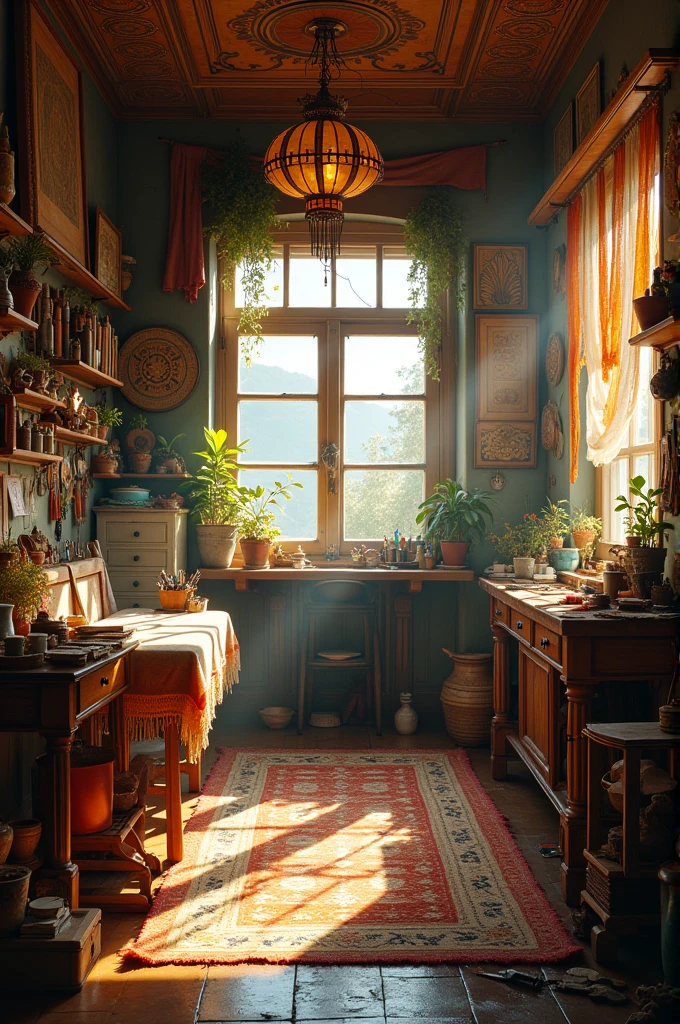 A cozy, somewhat cluttered studio filled with tapestries and weaving tools. The room is softly lit by warm, natural light coming through a window. There are shelves lined with threads, fabrics, and various dreamweaving artifacts. The atmosphere is peaceful but imbued with a sense of longing and creativity.