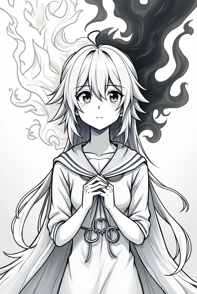 Create a lineart illustration Setting: Marine in a moment of reflection after hearing Belenus' words, with the curse and her dual aura (soul glow and darkness) visible around her.
Details: Marine can be depicted in a medium shot, with her head slightly tilted and a thoughtful expression. Around her, the illustration can show the duality of her essence: a bright and luminous side representing her soul, and a dark side, emanating from the curse she carries. This contrast can create a powerful image, emphasizing Marine's internal struggle and the complexity of her existence.