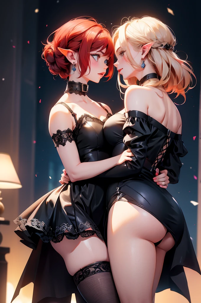 2girls, (one is a female elf, short red hair, blue eyes, curvy body, full pouty lips, off the shoulder black mini dress, black high heels) (other one is a female elf, short blonde hair, blue eyes, slim body, full pouty lips, black lace mini dress, black heels) Dancing super close at a dance night club, facing each other, kissing passionately, lips pressed together